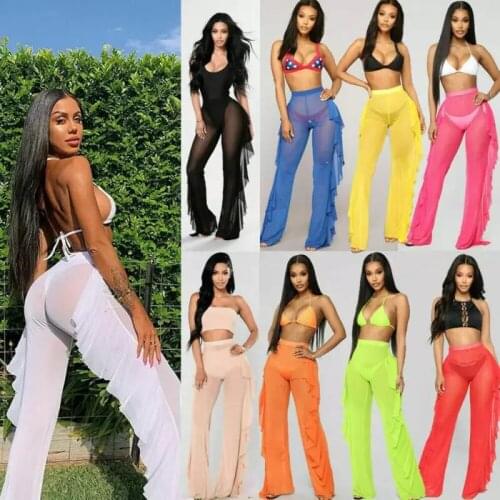 Echoine Sheer Mesh See Through Sexy Long Pants Beach Bikini Cover Up Trousers Ladies Ruffle Transparent Pants Swimwear Summer