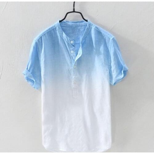 Men Summer Cotton Linen Shirts Gradient Color Breathable Casual Short Sleeve Stand Shirt Plus Size 5xl