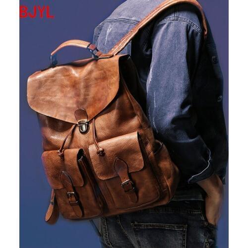 New Leather Mens Backpack Laptop Bag Shoulder Bags Male Retro Lock Men Travel Backpacks Vintage Real Genuine Leather Solid Bag