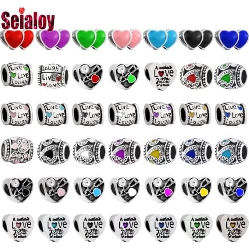 Seialoy 9 Color Enamel Love Heart Beaded Live Love Laugh Beads Silver Color Charm Fit Diy Bracelets Necklace Jewelry Making