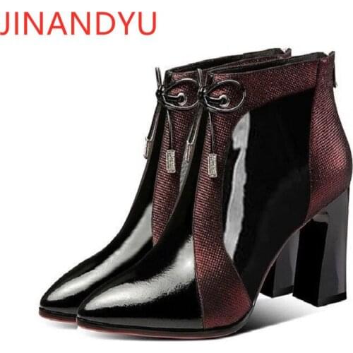 Pointed Toe Shoes Women Heels Classy Patent Leather Boots Femme Spring Fall Dress Ladies Shoes Boot High Heel Ankle Boots Pumps