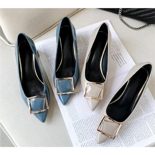 Fashion Brand Womens Shoes Pointed Toe Metal Womens Pumps Chunky Heels Summer Shoes Genuine Leather Shoes For Woman
