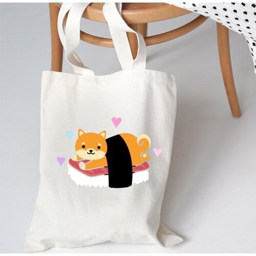 Dog Japanese Sushi Kawaii Tote Bag Women Dog Lover Canvas Shoulder Bags Large Capacity White Harajuku Totes Gift for Ladies