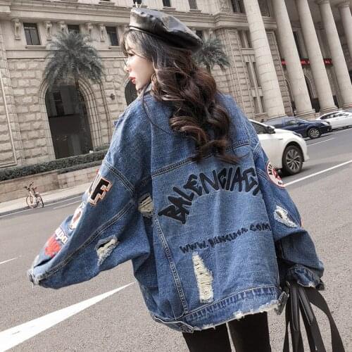New Spring and Autumn Street Style Holes Denim Jackets for Women Cartoon Diamonds Jean Coats and Jackets Ripped Winbreake Y693