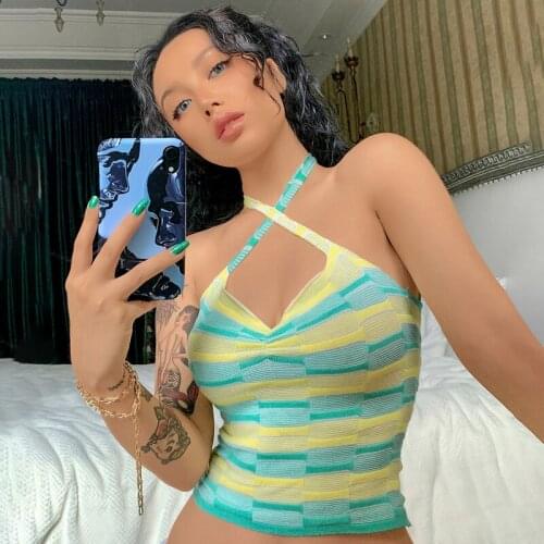 Sexy Stripe Knitted Halter Tops Y2K Aesthetic Criss-Cross Backless Bandage Cami Women Sleeveless Summer Off Shoulder Mini Vest