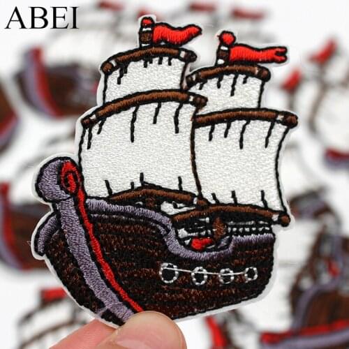 50pcs/lot Sailboat Steamship Embroidery Patches Letters Clothing Decoration Accessories Diy Iron Heat Transfer Applique