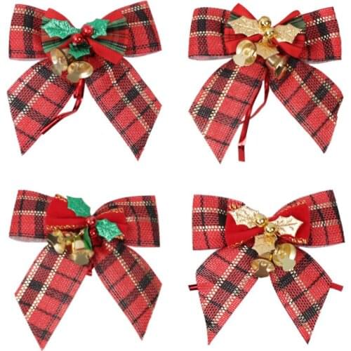 Christmas Tree Bows with Bell Party Ribbon Bowknot Ornament Xmas Craft Present Charms Hanging Decor 3.1x3.1Inch Red Green 500pcs
