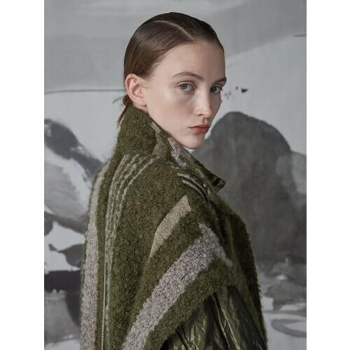 Design Women Original Autumn Winter Elegant Warm Turtleneck Wool Coat Ladies Oversize Long Striped Army Green Woolen Jacket