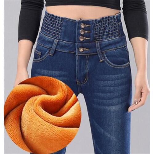WKOUD Winter Fleece Jeans Mujer Women 4 Button Warm Denim Pencil Pants Fashion High Waist Thick Trousers Streetpants P8552