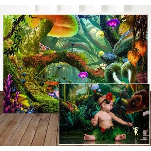 Fairytale Fantasy Forest Photography Background Glowing Mushroom House Children Birthday Photography Backdrops For Photo Studio