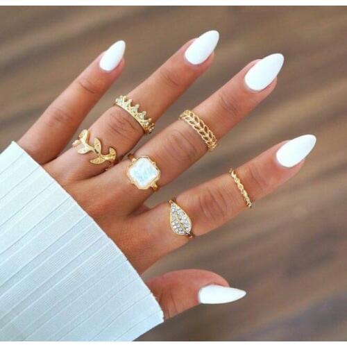 6 Pcs Set Fashion Bohemia Leaf Crystal Crown Womens Ring Set Midi Ring Ornament for Women Girl Knuckle Ring New Jewelry