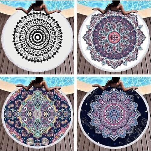 Pomelo Tree Mandala Round Beach Towel with Tassel 450G Microfiber Absorbent Mat Bedspread Tapestry Blanket Swimming Bath Towel