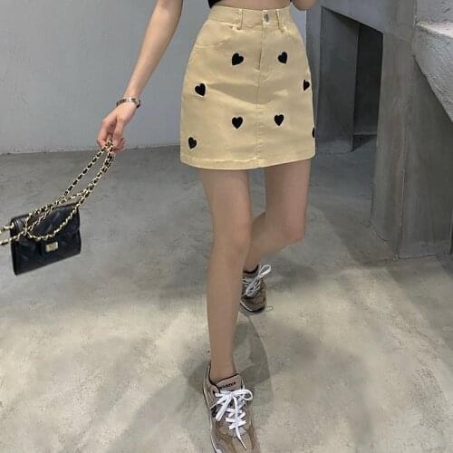 Summer Women Mini Skirts Korean High Waist Skirt Love Embroidery A-line Skirts Womens