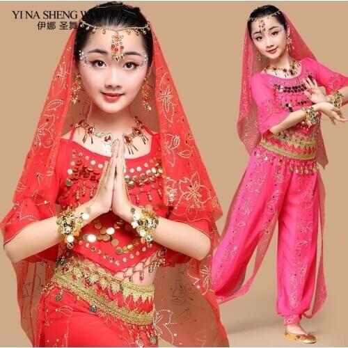 New 5pcs Bollywood Indian Outfits Gypsy Costumes Belly Dancing ChildrenSet India Dance Kids Clothes Headwear Veil Top Belt Pants