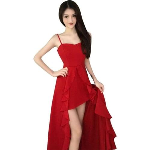 New Sexy Summer Women Dresses Banquet Noble Fashion Slim Red Evening Dress One-line neck Strap Ruffled Long vestir Female OK760