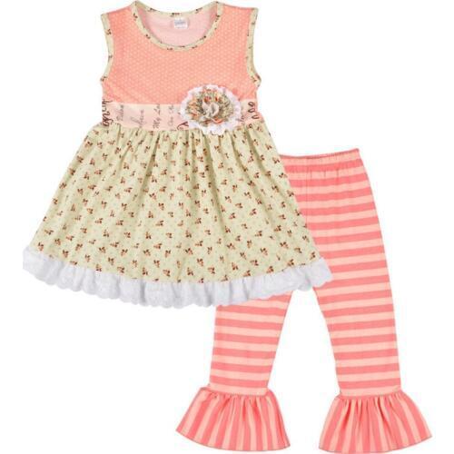 New Spring Summer Girls Clothing Set Children Dot Flower Dress with Striped Ruffle Pants Fashion Boutique Kids 2-Piece Outfits