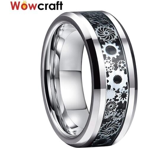 6/8mm Wedding Bands Tungsten Carbide Rings for Men Women Gear Black Carbon Fiber Inlay Polished Shiny Beveled Edges