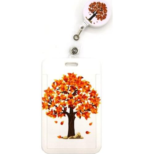 Autumn Fallen Leaves Cartoon Cute Credit Card Holder Lanyard Women Men Kid Student Badge Reel ID Name Bus Clip Card Badge Holder