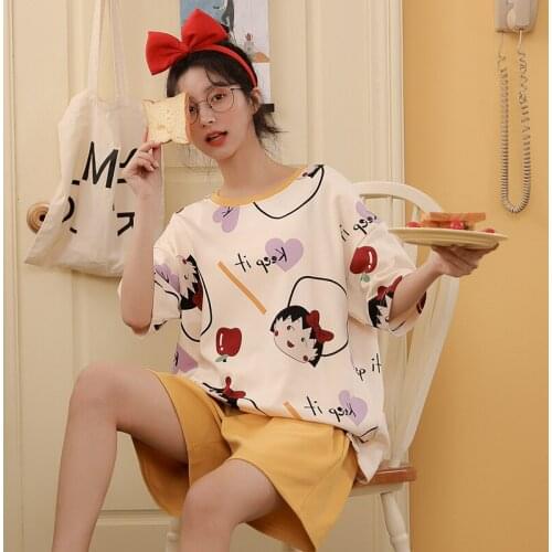 Japanese Anime Womens Pajamas Set Summer Elastic Waist O-Neck Short Sleeve Homewear Kawaii Cartoon Sleepwear