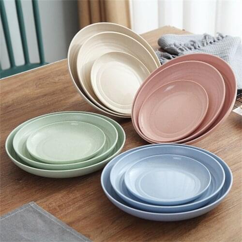 4pcs Eco-Friendly Solid Color Wheat Straw Plate Dish Snack Food Plate Dessert Dinner Fruit Round Plate Tray Tableware Set