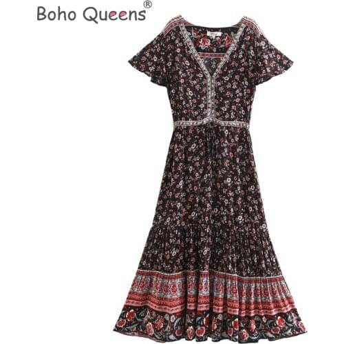Boho Queens women birds floral print short sleeve Bohemian rayon cotton maxi dress Ladies deep v-neck botton Boho vestidos