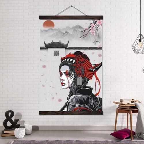 Posters and Prints Scroll Painting Canvas Art Wall Pictures Frame Painting Home Decoration Japanese Samurai Woman Missing Home