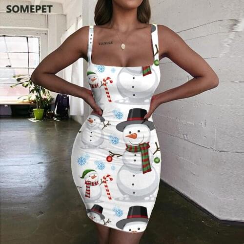 SOMEPET Christmas Dresses Women Snowman Ladies Dresses Painting Bodycon Dress Cool Halter Sleeveless Womens Clothing Party Short