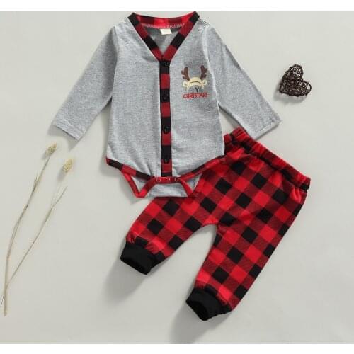 Baby Girls Boys 2Pcs Christmas Outfits Suit Long Sleeve Elk Print Button Down Letter Romper+Plaid Pants Clothes Set For Toddler