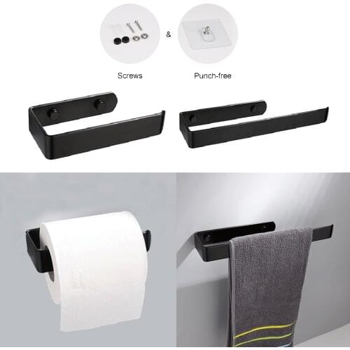 Black Toilet Roll Paper Holder Tissue Hand Towel Hanging Rack for Kitchen Bathroom Organizer Shelves Screw Mounted/Self-Adhesive