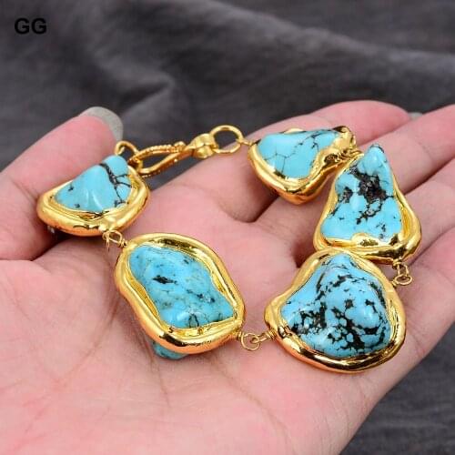 GuaiGuai Jewelry Freeform Blue Turquoises Real Gems Yellow Gold Color Plated Bracelet 9'' For Women