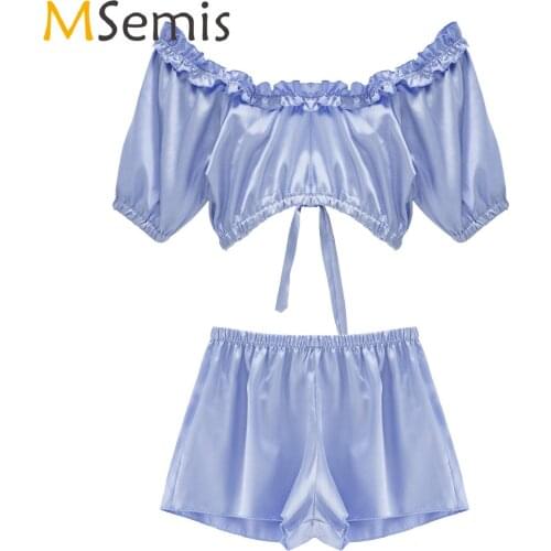 Womens Summer Two-piece Satin Pajamas Set Nightwear Homewear Lace-up Ruffles Crop Top with Mid Waist Shorts