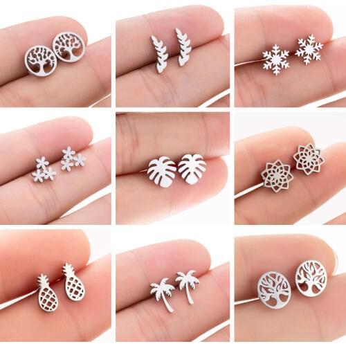 SMJEL Bohemia Flower Earrings Women Kids Fashion Stainless Steel Coconut Pineapple Tree of Life Stud Earings Jewelry pendientes