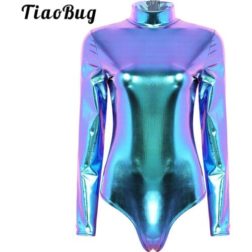 Metallic Shiny Long Sleeve Bodysuit Women Pole Dance Costume Gymnastics Leotard Dancewear Clubwear