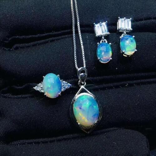 100% NATURAL ETHIOPIAN WELO FIRE OPAL 925 silver Ring Pendant Earring Set