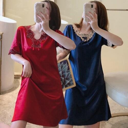 2020 Summer Short Sleeve Sexy Silk Satin Lace V-neck Nightgowns for Women Night Dress Sleepwear Nightdress Nightwear Home Nighty