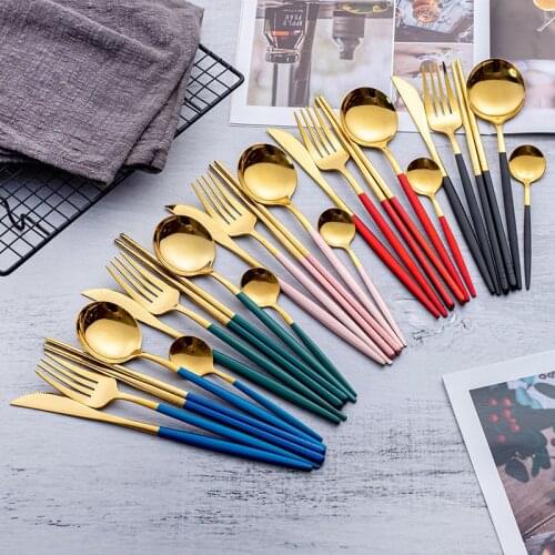 30PCS Gold Cutlery Sets Golden Spoons Forks Knives Cutlery SetStainless Steel Knife Fork Coffee Spoon Chopsticks Dinnerware Set