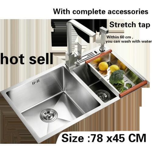 Free shipping Hot sell Kitchen sink 3mm double groove ordinary food grade 304 stainless steel durable and stretch tap 78x45 CM