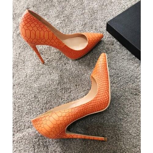 Free shipping Casual Designer fashion sexy lady orange snake python pointy toe heels stiletto high heels for women big size 44