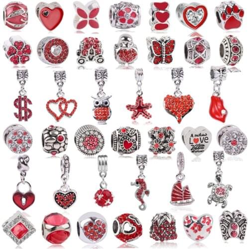 Boosbiy 2pc 45 Styles Silver Plated Red Owl Charms Beads fit Brand Bracelets & Necklaces For Women Fashion Love Jewelry Gift