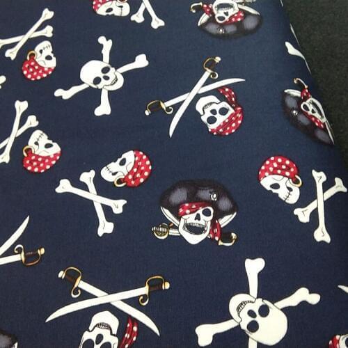 Cotton Spandex Pirate Skull Crossbones Halloween Navy Blue Printed Fabric Elastic Patchwork Cloth Dress Home Decor viaPhil