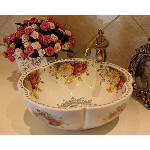 Rose Flower Ceramic Counter Top Wash Basin Bathroom Sinks