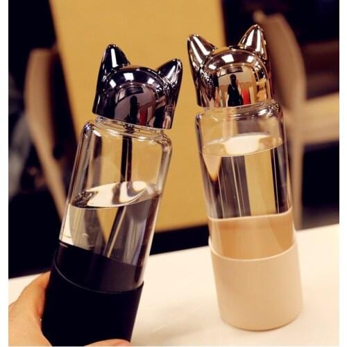 Cute Cat Ear Glass Water Bottle 350ml Cartoon Coffee Milk Juice Kettle Lovers Sport Drinking Cup Creative Home Office Drinkware