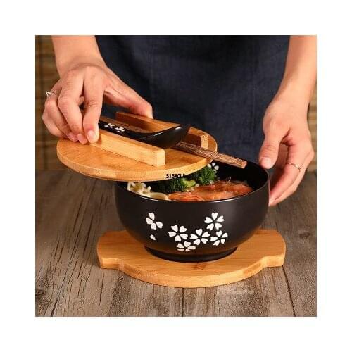 Japanese Style Rice Noodle Bowl with Lid Spoon and Chopstick Kitchen Tableware Ceramic Salad Soup Bowl Food Container Dinnerware