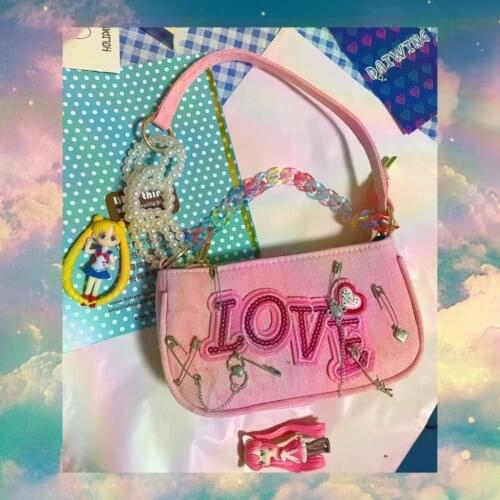 Y2K Spicy Girl Shoulder Bag Vintage Dirty Pink Baby Blue Embroidered Acrylic Pearl Western Style Stylish One-shoulder Bag