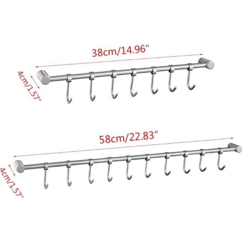 Stainless Steel Wall Mount Pot Pan Rack Kitchen Straight Bar Organizer with Hook