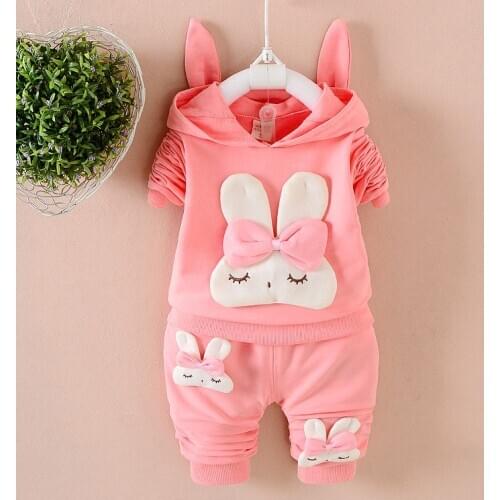 Baby girl clothes spring and autumn cotton suit 0-3 years old girl cartoon cute rabbit casual hooded sweater girl two-piece suit