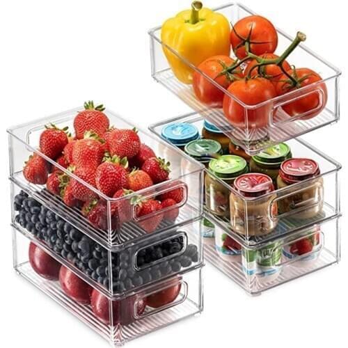 Refrigerator Organizer Box Clear Plastic Pantry Food Storage Basket With Handles For Vegetables Fruit Yogurt Meat Bins Rack Tool