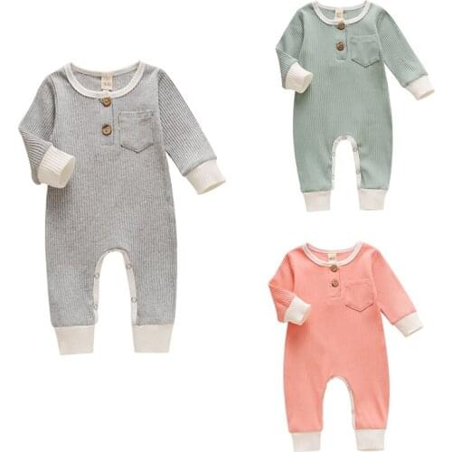 2020 Newborn Baby Fall One Piece Suit O-neck Long Sleeve Romper with Patchwork Pockets Infant Boys Girls Spring Playsuit 0-12M