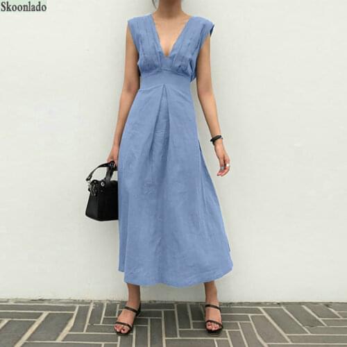 Summer cotton linen long women dresses Ladies V-neck sleeveless solid color lady dress elegant classic design famous slim waist