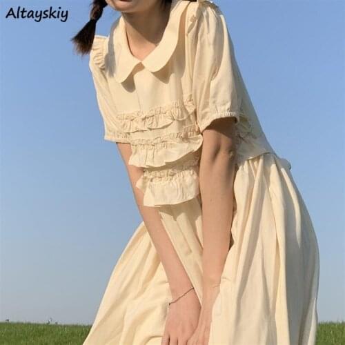 Dress Women Solid Fashion Loose Puff Sleeve Sweet Japanese Style All-match Elegant Holiday College Streetwear Breathable Female